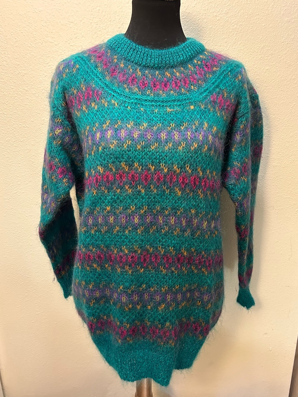 Vintage Mohair Wool Sweater Women Large Teal Green Pink Nordic Fair Isle Knit